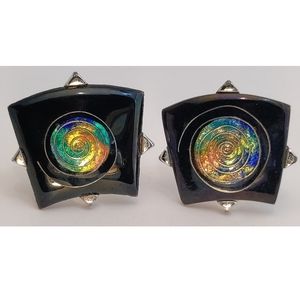Rare Vintage Mid-Century Large Black Enamel Dichroic Glass Cufflinks by Swank